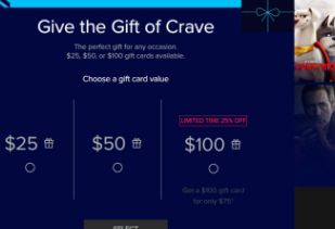 只需75美元即可获得一张Crave价值100美元的礼品卡