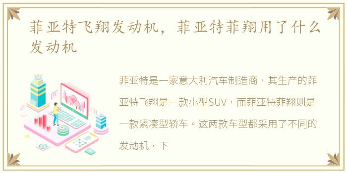 菲亚特飞翔发动机，菲亚特菲翔用了什么发动机