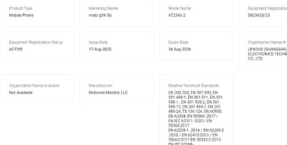 摩托罗拉Moto G54 5G手机在全球发布前访问TDRA认证网站