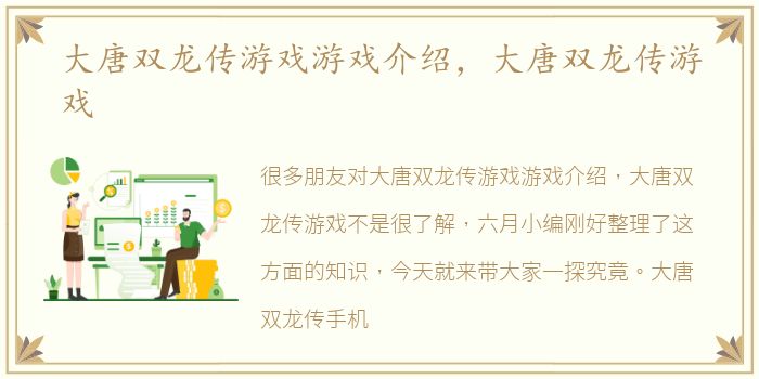 大唐双龙传游戏游戏介绍，大唐双龙传游戏