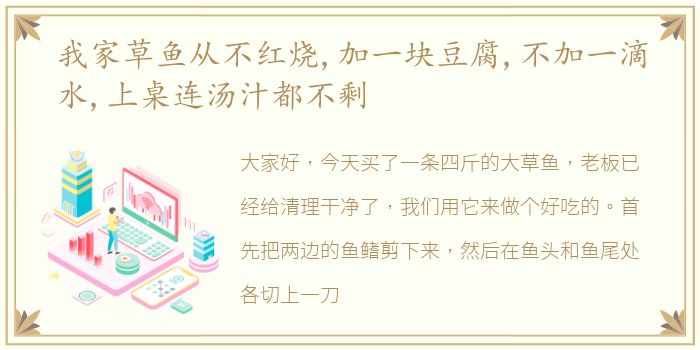 我家草鱼从不红烧,加一块豆腐,不加一滴水,上桌连汤汁都不剩