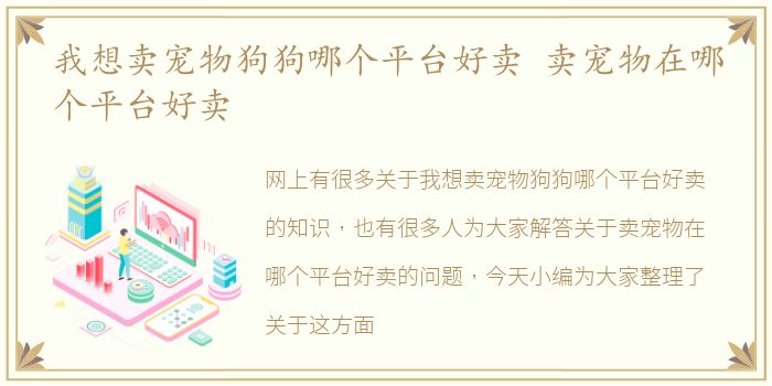 我想卖宠物狗狗哪个平台好卖 卖宠物在哪个平台好卖