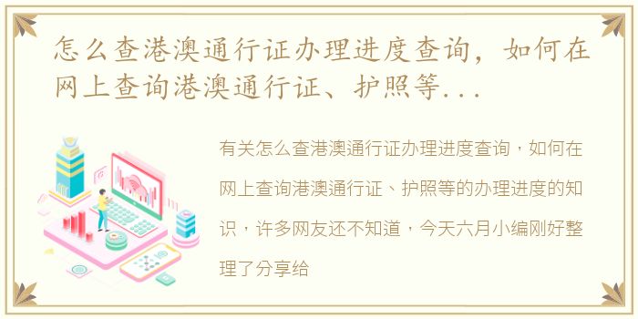 怎么查港澳通行证办理进度查询，如何在网上查询港澳通行证、护照等的办理进度