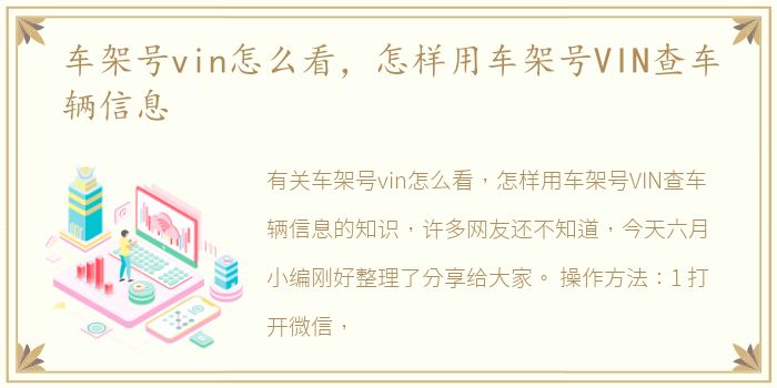 车架号vin怎么看，怎样用车架号VIN查车辆信息