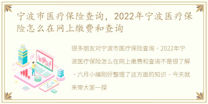 宁波市医疗保险查询，2022年宁波医疗保险怎么在网上缴费和查询