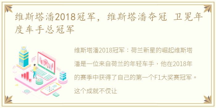 维斯塔潘2018冠军，维斯塔潘夺冠 卫冕年度车手总冠军