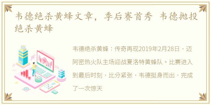 韦德绝杀黄蜂文章，季后赛首秀 韦德抛投绝杀黄蜂