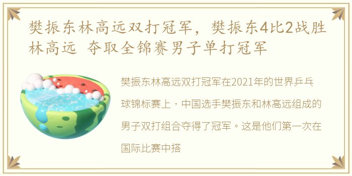 樊振东林高远双打冠军，樊振东4比2战胜林高远 夺取全锦赛男子单打冠军