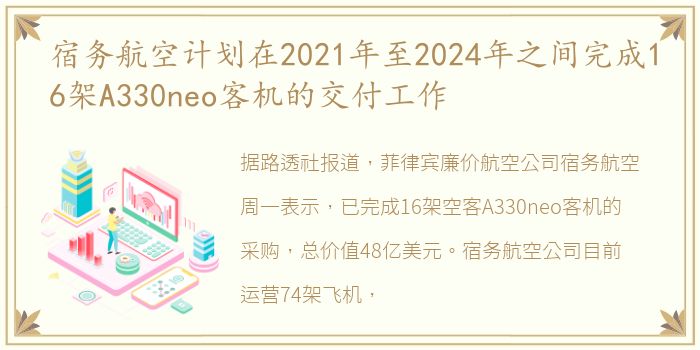 宿务航空计划在2021年至2024年之间完成16架A330neo客机的交付工作