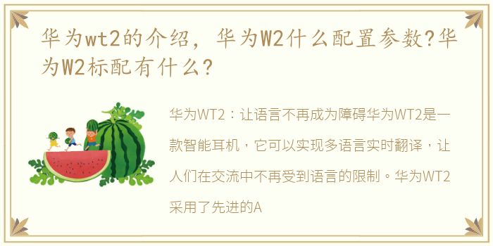 华为wt2的介绍，华为W2什么配置参数?华为W2标配有什么?