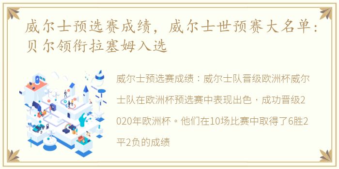 威尔士预选赛成绩，威尔士世预赛大名单:贝尔领衔拉塞姆入选
